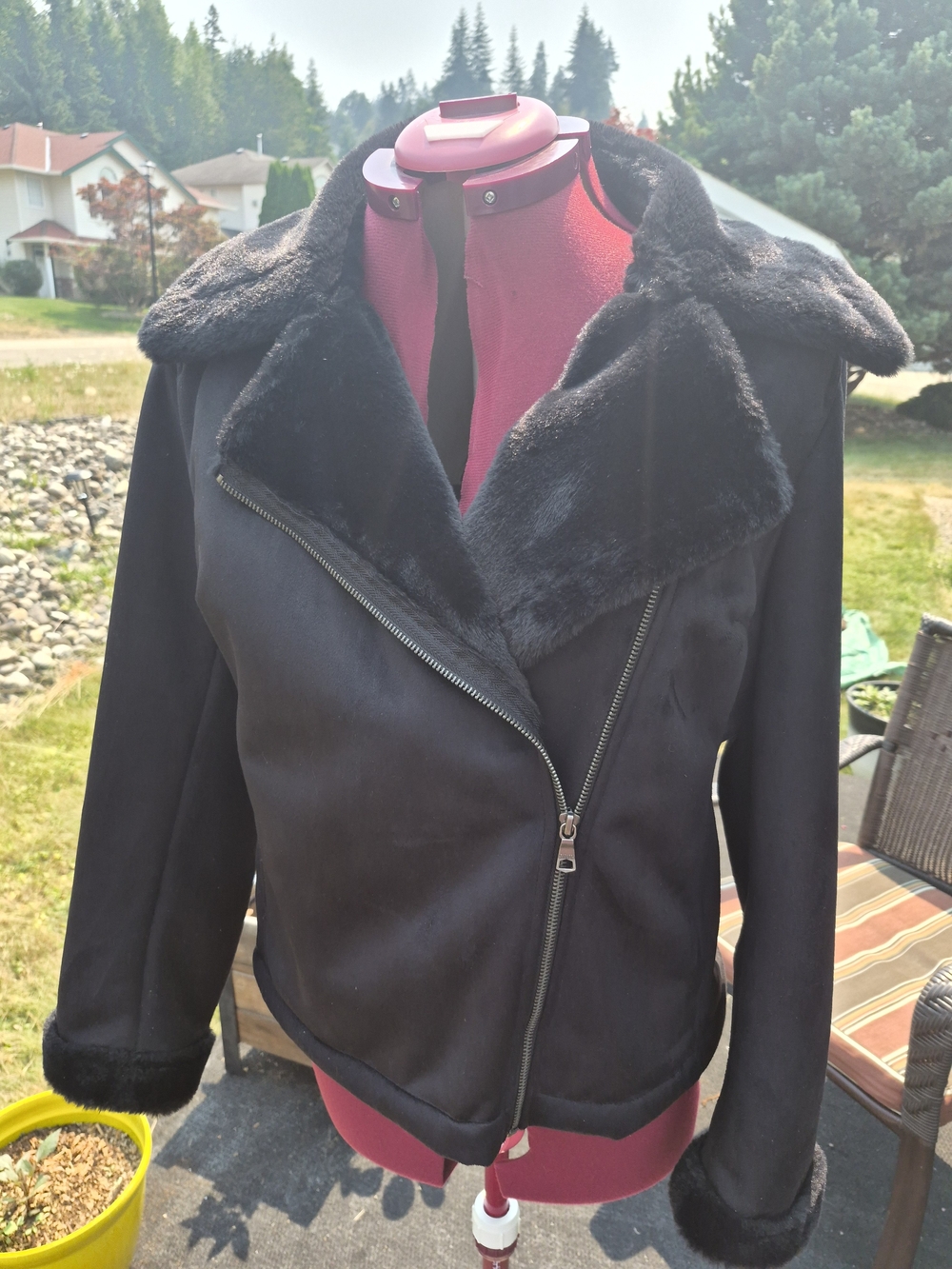 Banana Republic Black Faux Suede With Faux Fur Collar Asymmetrical Moto Jacket